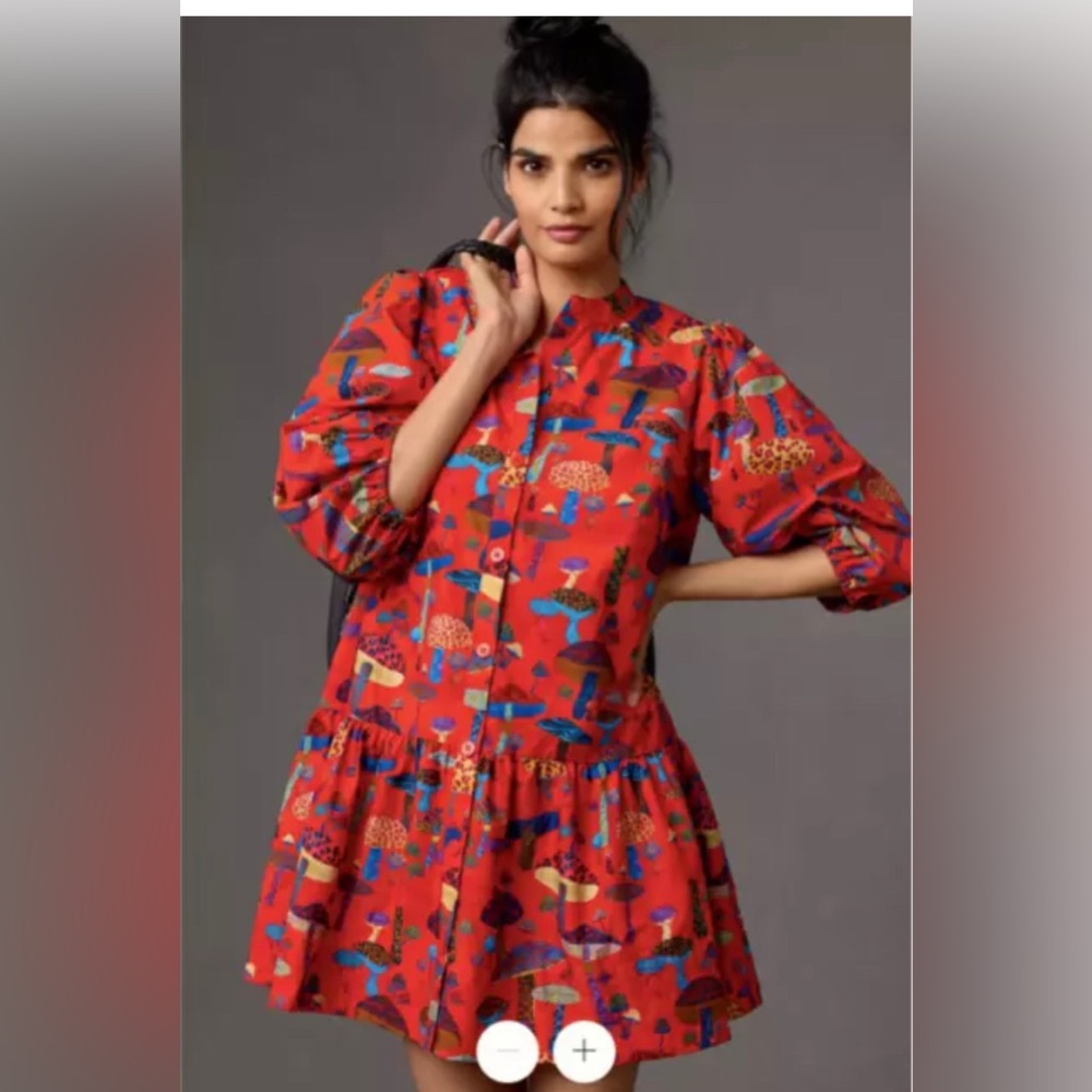 Farm Rio for Anthropologie Long-Sleeve Printed Mini Dress Mushroom Red XL